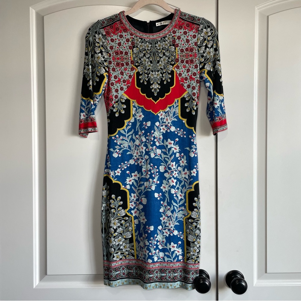 Blue Floral Sheath Dress with Red & Black Accents - Picture 4 of 9